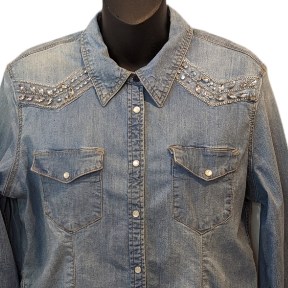 GUESS Denim Rhinestone Button Front Shirt Large Embellished Western